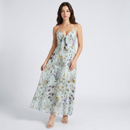 Anna-Kaci Women's Floral Print Tie Front Maxi Dress with Spaghetti Straps and Flowy Skirt