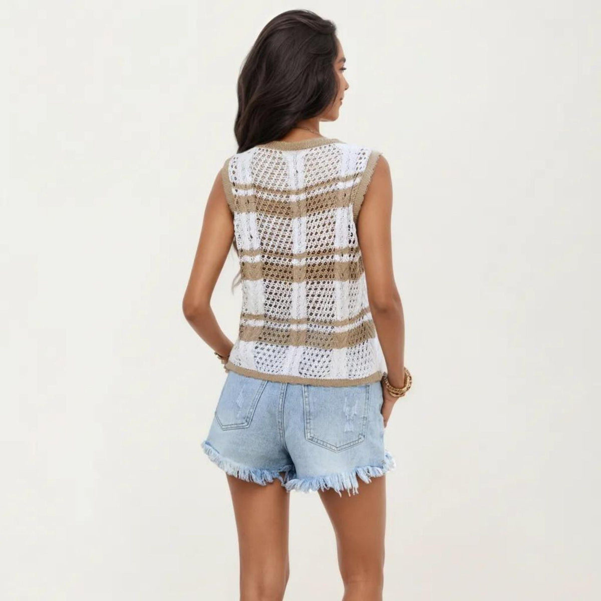 Anna-Kaci Women's Sleeveless Striped Crochet Knit Vest with Tie Front and Open Stitch Design
