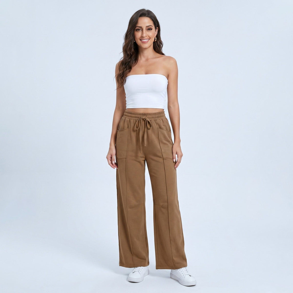 Anna-Kaci Women's High Rise Drawstring Wide Leg Utility Pants with Patch Pockets