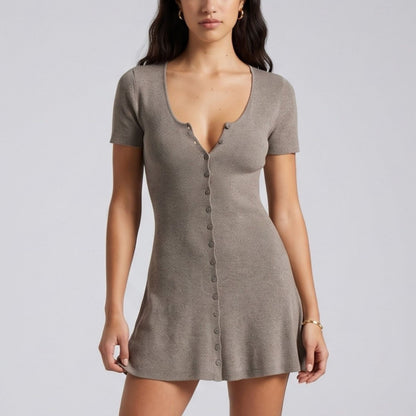 Anna-Kaci Women's Short Sleeve Rib Knit Mini Dress with Button Front and Scoop Neck