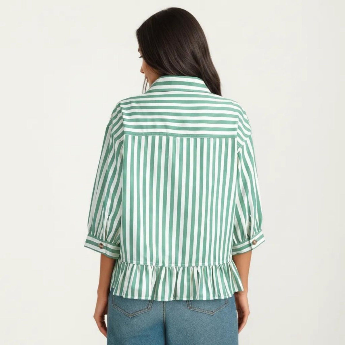 Anna-Kaci Women's Striped Button Down Blouse with Collar Three Quarter Sleeve Peplum Hem Pocket Detail Casual Shirt