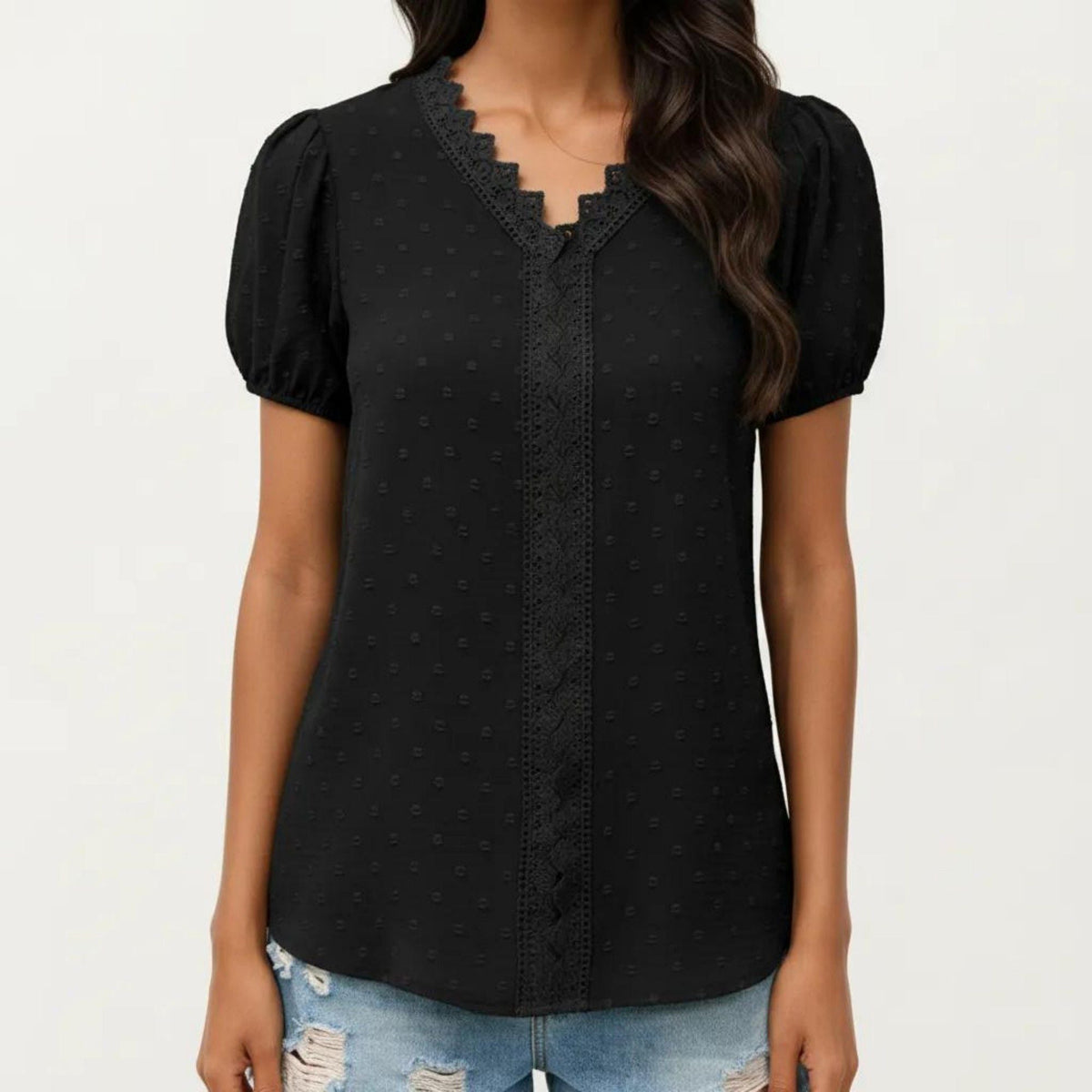Anna-Kaci Women's Short Sleeve Swiss Dot Top with Lace Trim V-Neck and Puff Sleeves