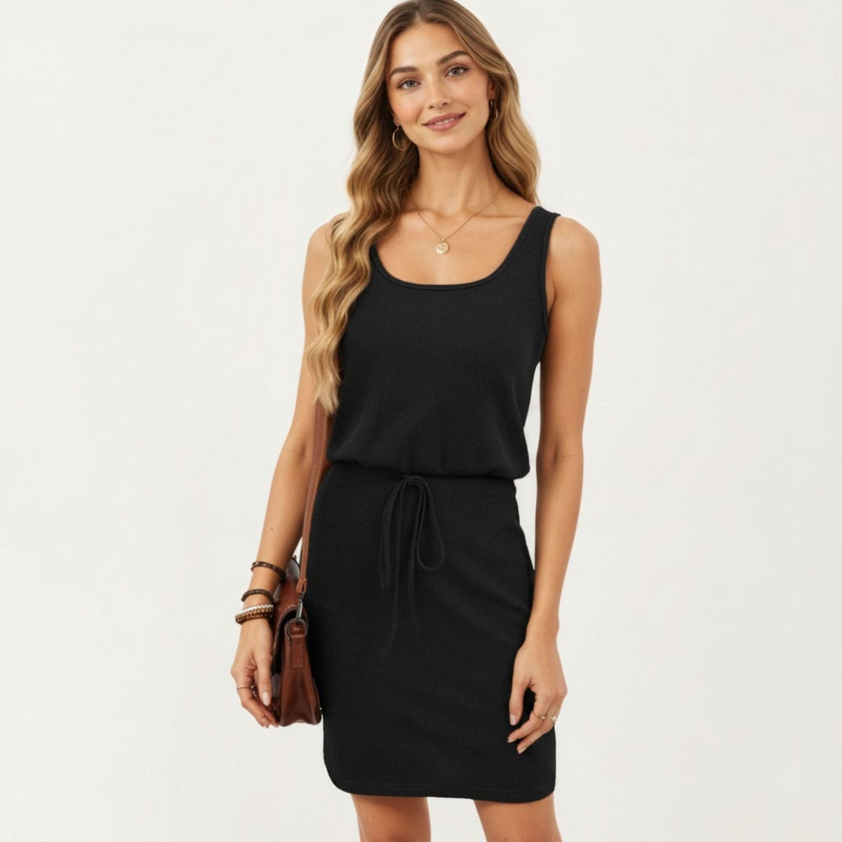 Anna-Kaci Women's Sleeveless Tank Dress with Scoop Neck Adjustable Drawstring Waist Fitted Casual Mini Dress