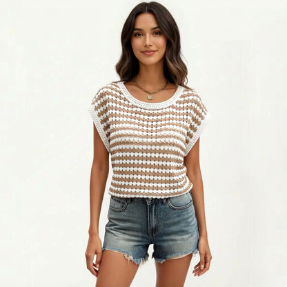 Anna-Kaci Women's Short Sleeve Striped Crochet Knit Top with Open Stitch Texture and Relaxed Fit