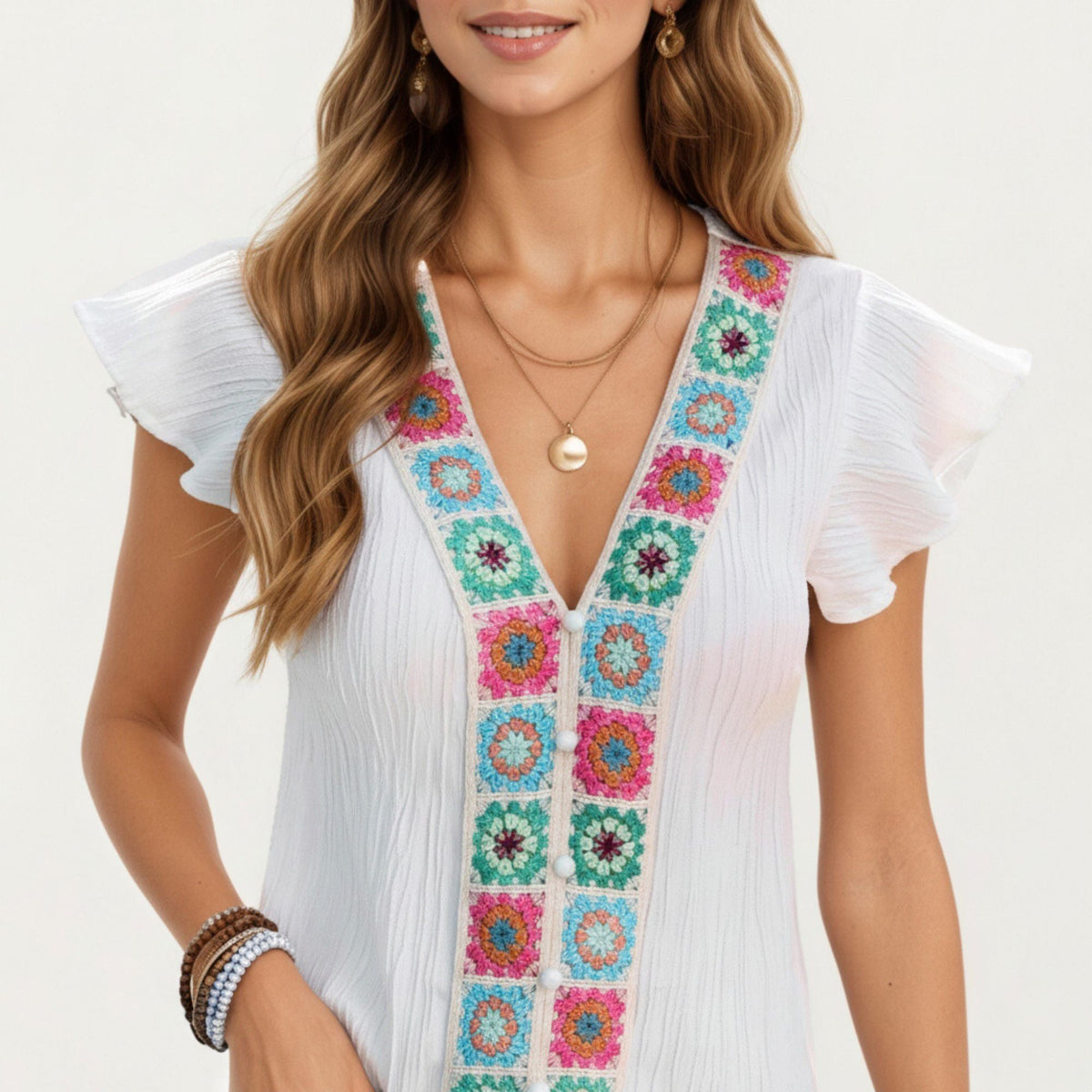 Anna-Kaci Women's Boho Embroidered V-Neck Flutter Sleeve Textured Blouse