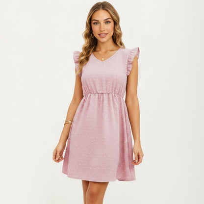 Anna-Kaci Women's Swiss Dot Babydoll Dress with Ruffle Sleeves and V-Neckline