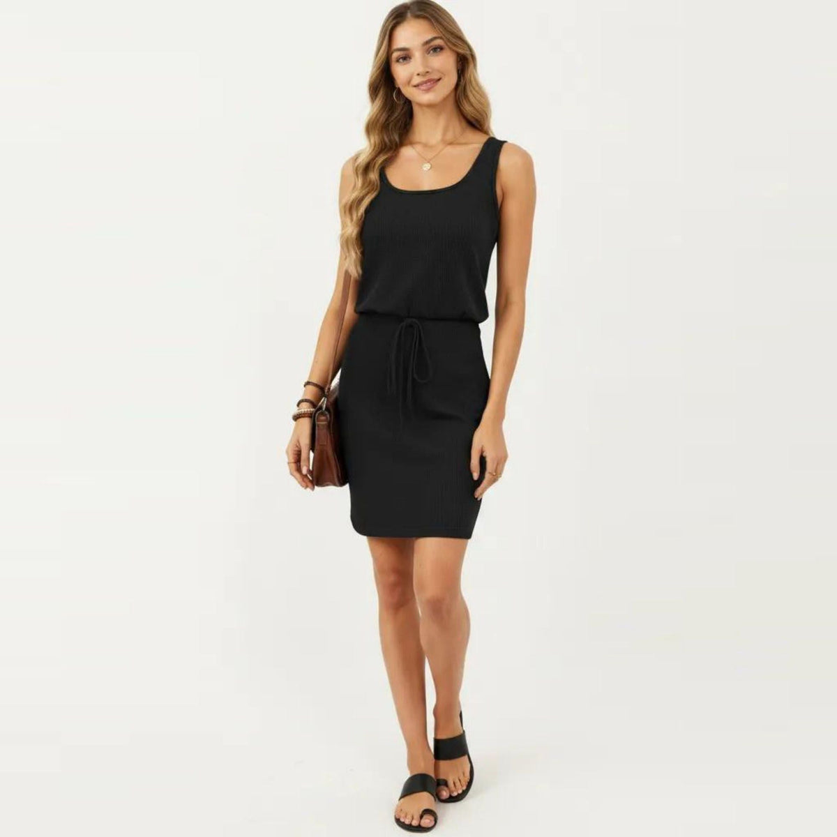 Anna-Kaci Women's Sleeveless Tank Dress with Scoop Neck Adjustable Drawstring Waist Fitted Casual Mini Dress