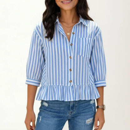 Anna-Kaci Women's Striped Button Down Blouse with Collar Three Quarter Sleeve Peplum Hem Pocket Detail Casual Shirt