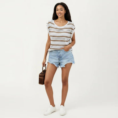 Anna-Kaci Women's Short Sleeve Striped Open Knit Top with Button Shoulder Detail and Relaxed Fit