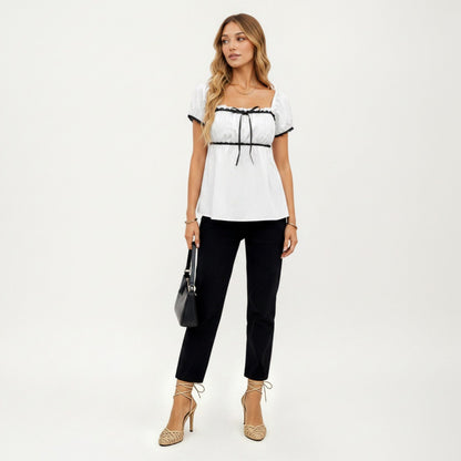 Anna-Kaci Women's French Style Lace Trim Puff Sleeve Empire Waist Blouse