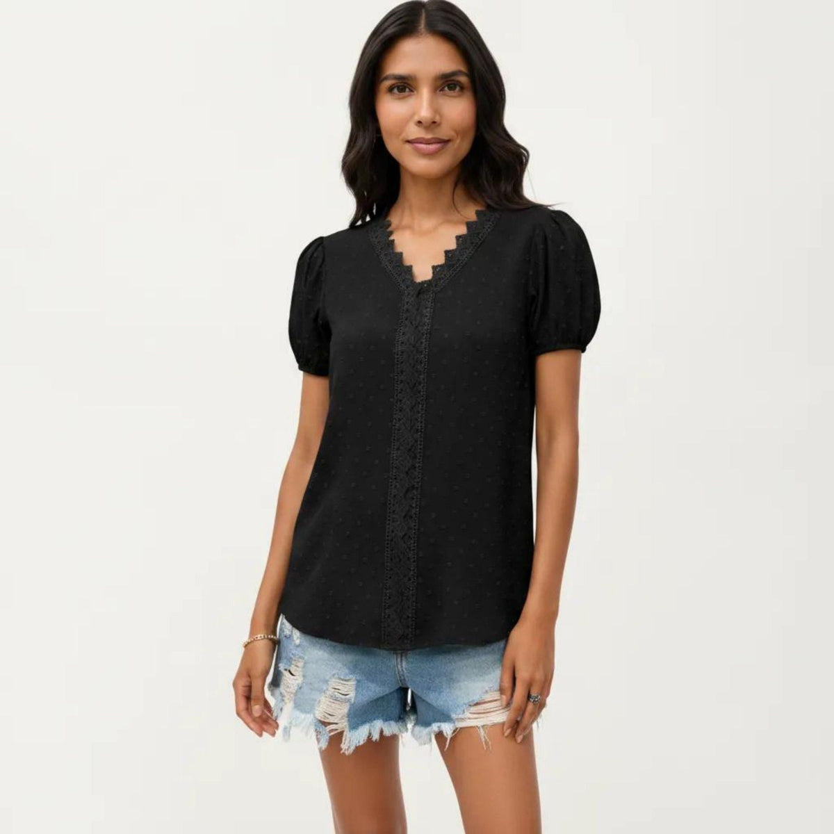 Anna-Kaci Women's Short Sleeve Swiss Dot Top with Lace Trim V-Neck and Puff Sleeves