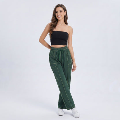 Anna-Kaci Women's High Rise Drawstring Wide Leg Utility Pants with Patch Pockets