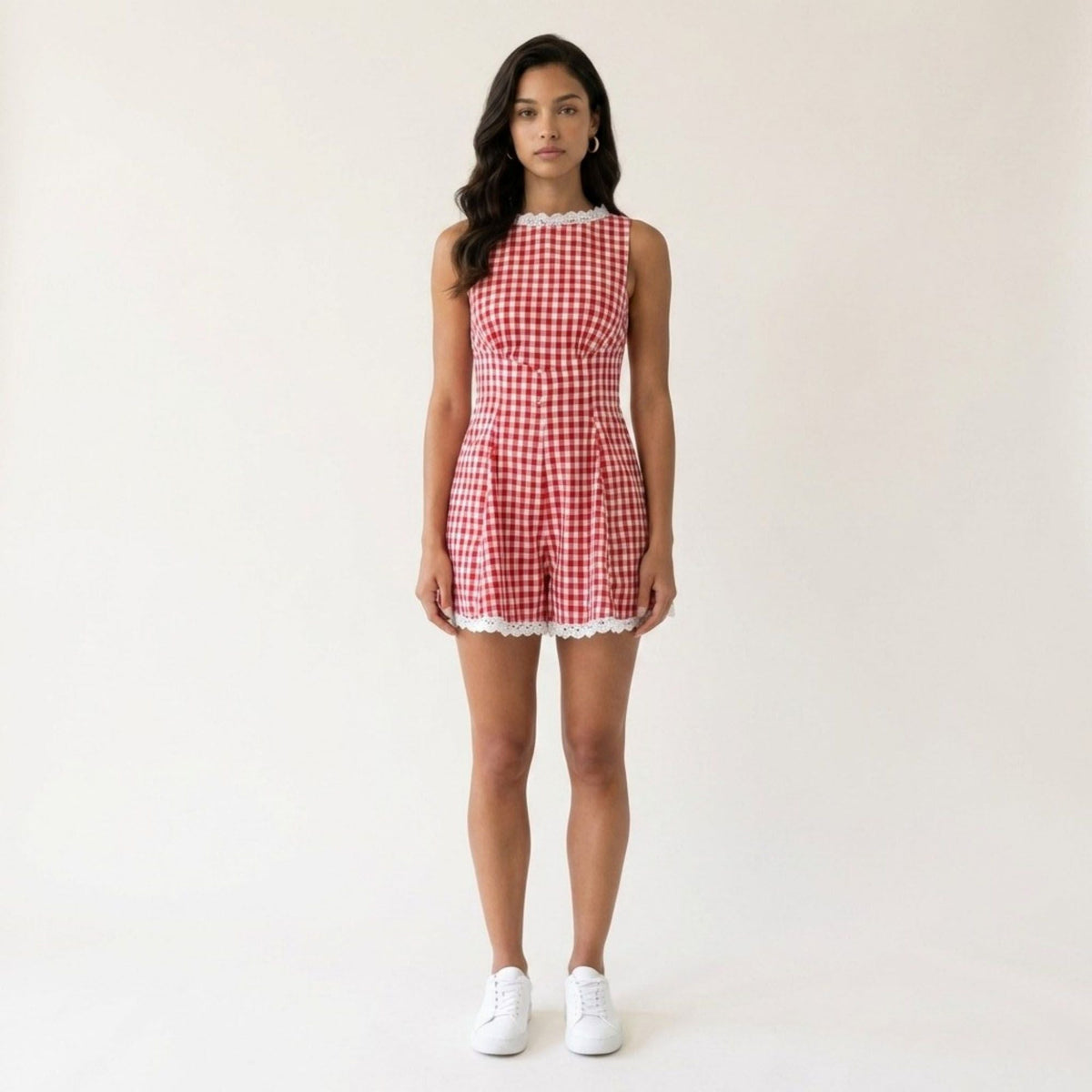 Anna-Kaci Women's Gingham Romper Sleeveless Lace Trim Fit and Flare Lightweight Casual One Piece