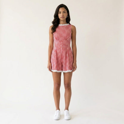 Anna-Kaci Women's Gingham Romper Sleeveless Lace Trim Fit and Flare Lightweight Casual One Piece
