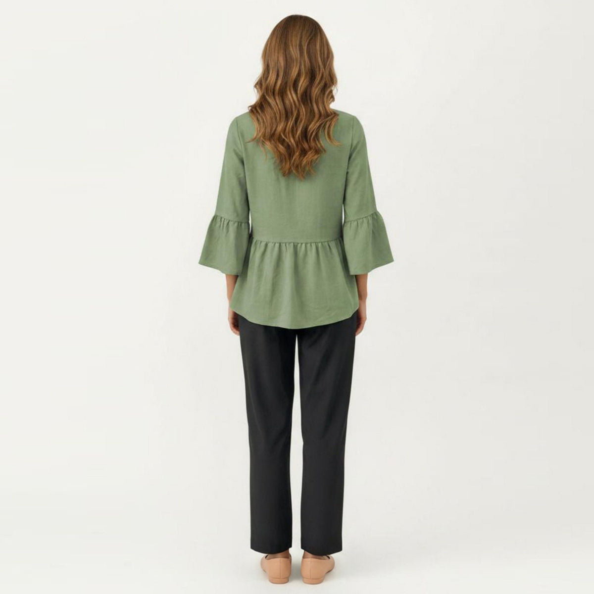 Anna-Kaci Women's V-Neck Bell Sleeve Peplum Blouse with Button Detail and Gathered Waist
