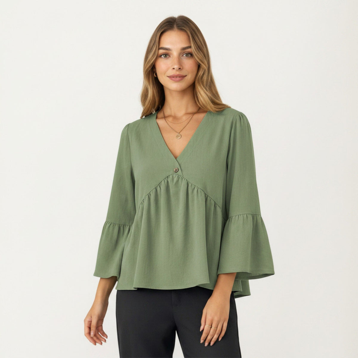 Anna-Kaci Women's V-Neck Bell Sleeve Peplum Blouse with Button Detail and Gathered Waist
