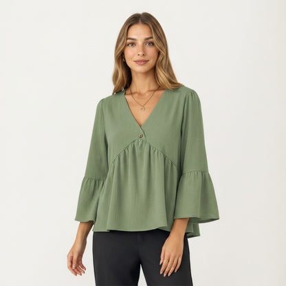 Anna-Kaci Women's V-Neck Bell Sleeve Peplum Blouse with Button Detail and Gathered Waist