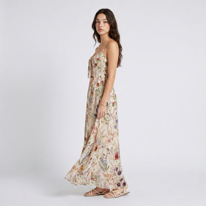 Anna-Kaci Women's Floral Print Tie Front Maxi Dress with Spaghetti Straps and Flowy Skirt
