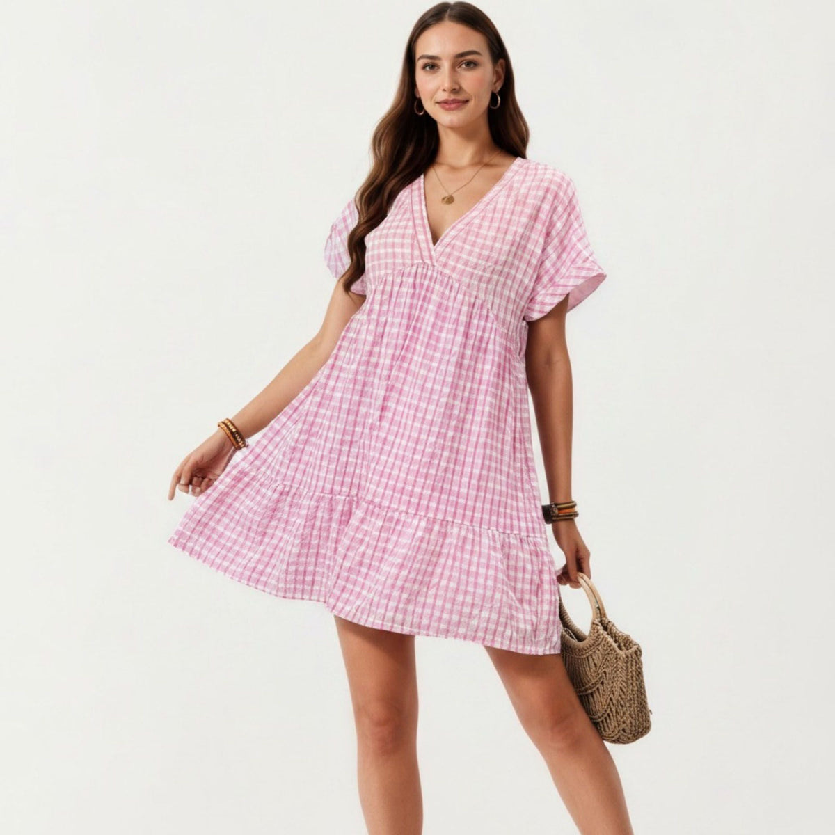 Anna-Kaci Women's Short Sleeve V Neck Plaid Mini Dress with Tiered Hem Loose Fit Casual Lightweight Summer Dress