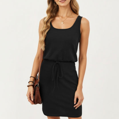 Anna-Kaci Women's Sleeveless Tank Dress with Scoop Neck Adjustable Drawstring Waist Fitted Casual Mini Dress