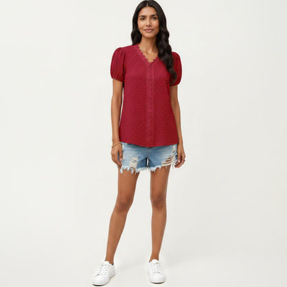 Anna-Kaci Women's Short Sleeve Swiss Dot Top with Lace Trim V-Neck and Puff Sleeves