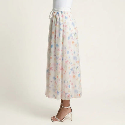 Anna-Kaci Women's Floral Midi Skirt Elastic Waist Flowy Lightweight Chiffon A Line Casual Skirt