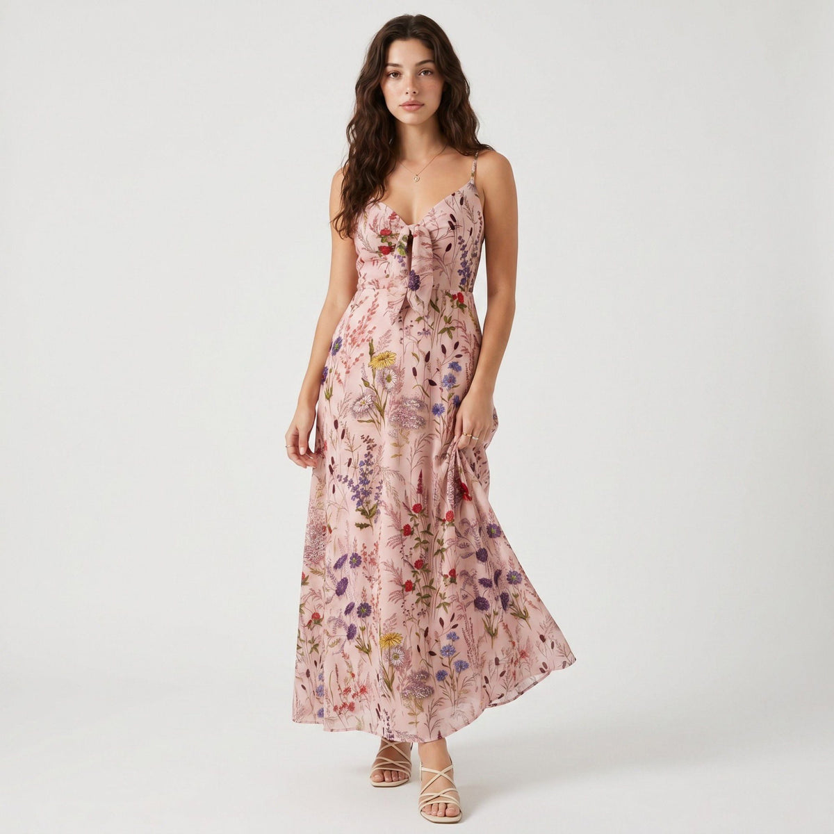Anna-Kaci Women's Floral Print Tie Front Maxi Dress with Spaghetti Straps and Flowy Skirt