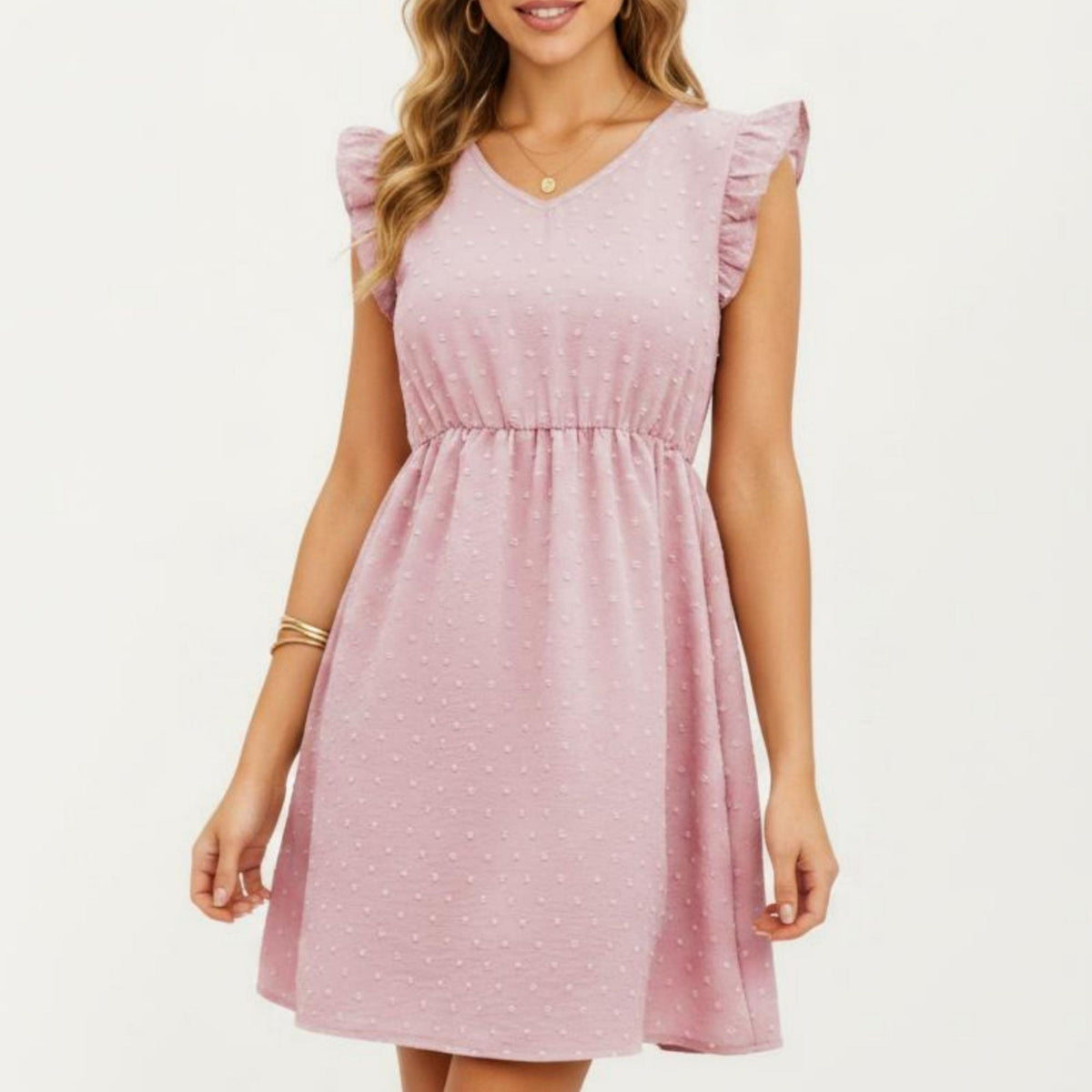 Anna-Kaci Women's Swiss Dot Babydoll Dress with Ruffle Sleeves and V-Neckline