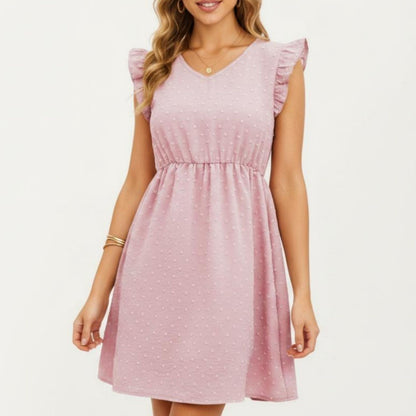 Anna-Kaci Women's Swiss Dot Babydoll Dress with Ruffle Sleeves and V-Neckline
