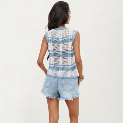 Anna-Kaci Women's Sleeveless Striped Crochet Knit Vest with Tie Front and Open Stitch Design