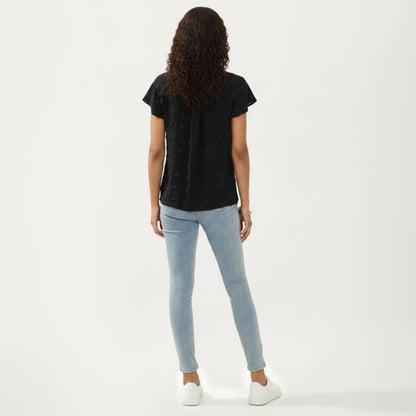 Anna-Kaci Women's Short Sleeve Swiss Dot Top with Split Neckline and Soft Textured Fabric