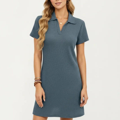 Anna-Kaci Women's Short Sleeve Collared Mini Dress with Split V Neck Textured Knit Relaxed Fit Casual Dress
