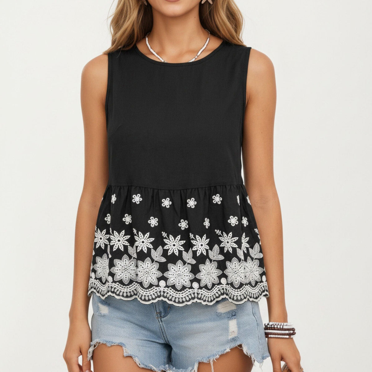 Anna-Kaci Women's Embroidered Floral Peplum Tank Top with Back Tie