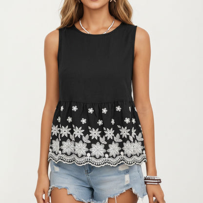 Anna-Kaci Women's Embroidered Floral Peplum Tank Top with Back Tie