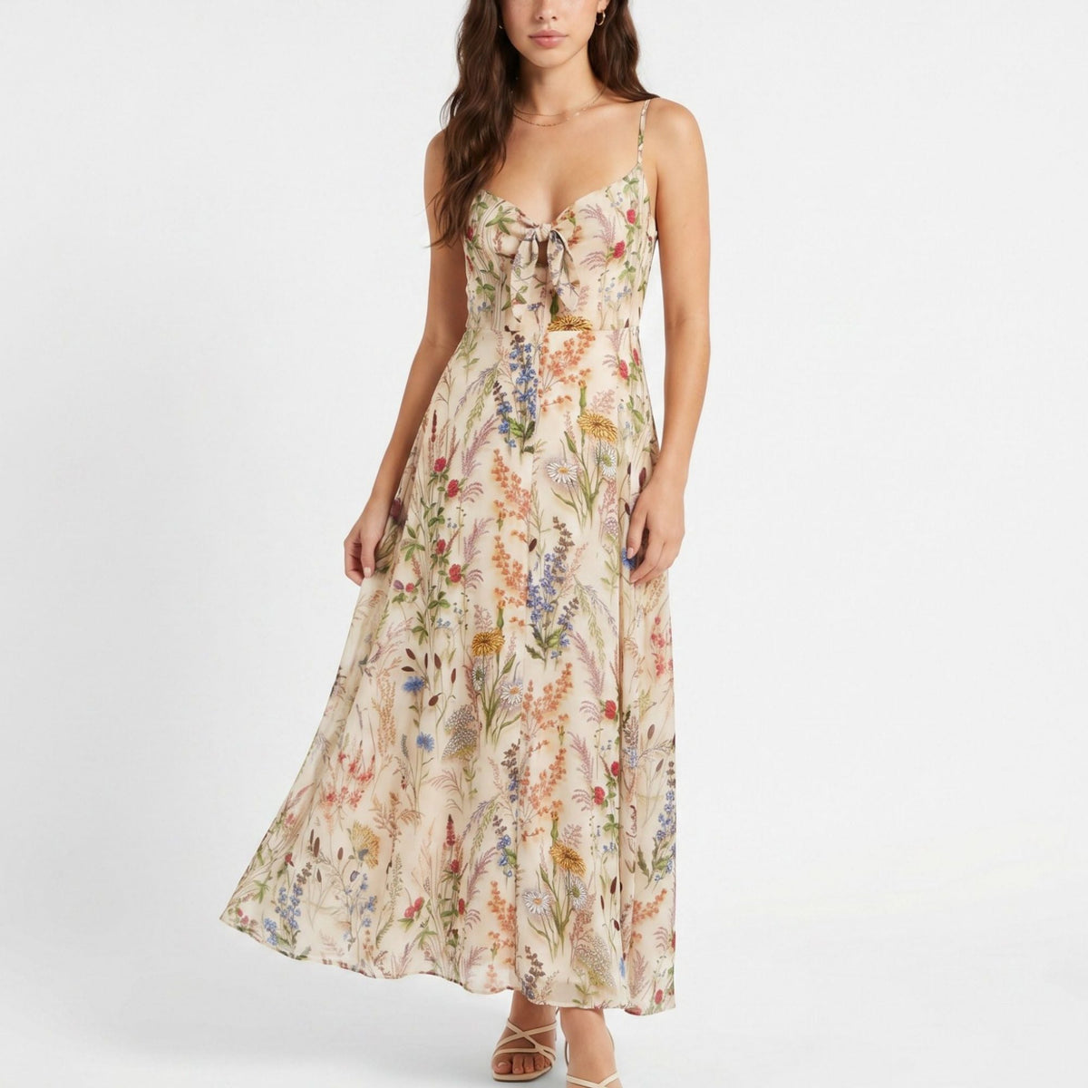 Anna-Kaci Women's Floral Print Tie Front Maxi Dress with Spaghetti Straps and Flowy Skirt