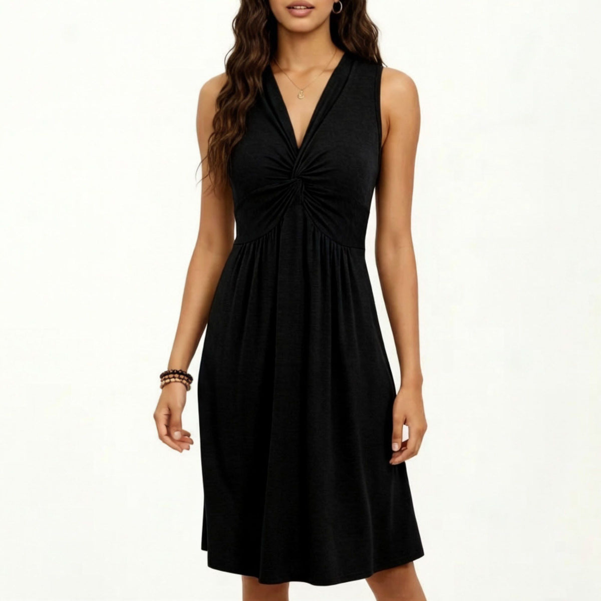 Anna-Kaci Women's Sleeveless V Neck Midi Dress with Front Twist Detail and Flowy A Line Silhouette