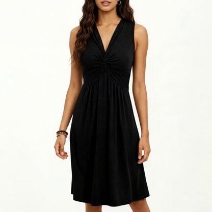 Anna-Kaci Women's Sleeveless V Neck Midi Dress with Front Twist Detail and Flowy A Line Silhouette