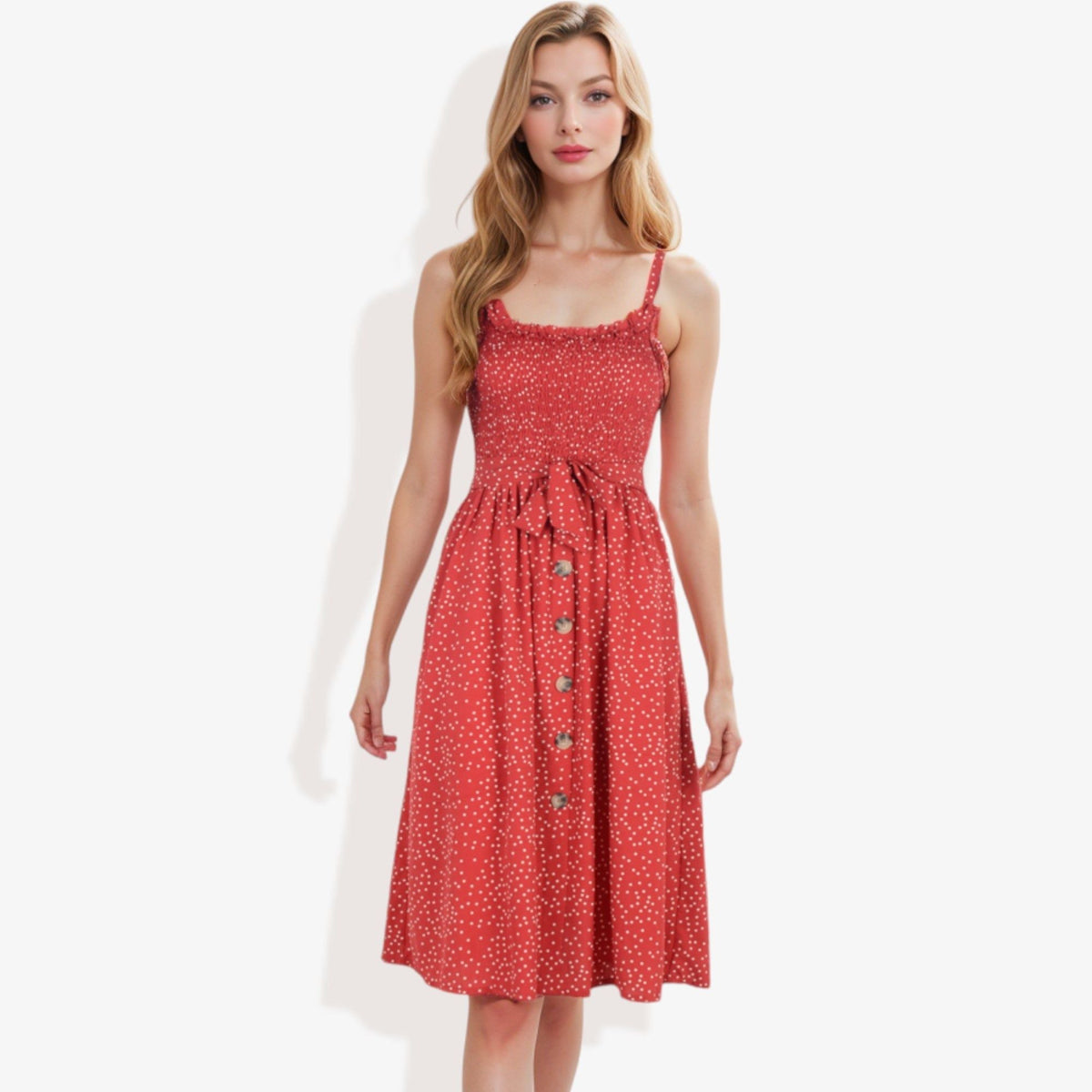Anna-Kaci Women's Polka Dot Smocked Bodice  Dress with Button Front and Waist Tie