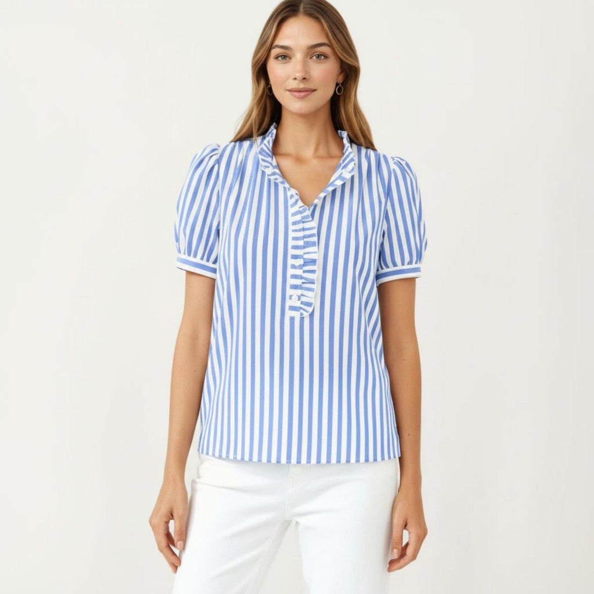 Anna-Kaci Women's Short Sleeve Striped Blouse with Ruffle Trim V Neck Puff Sleeve Lightweight Pullover Shirt