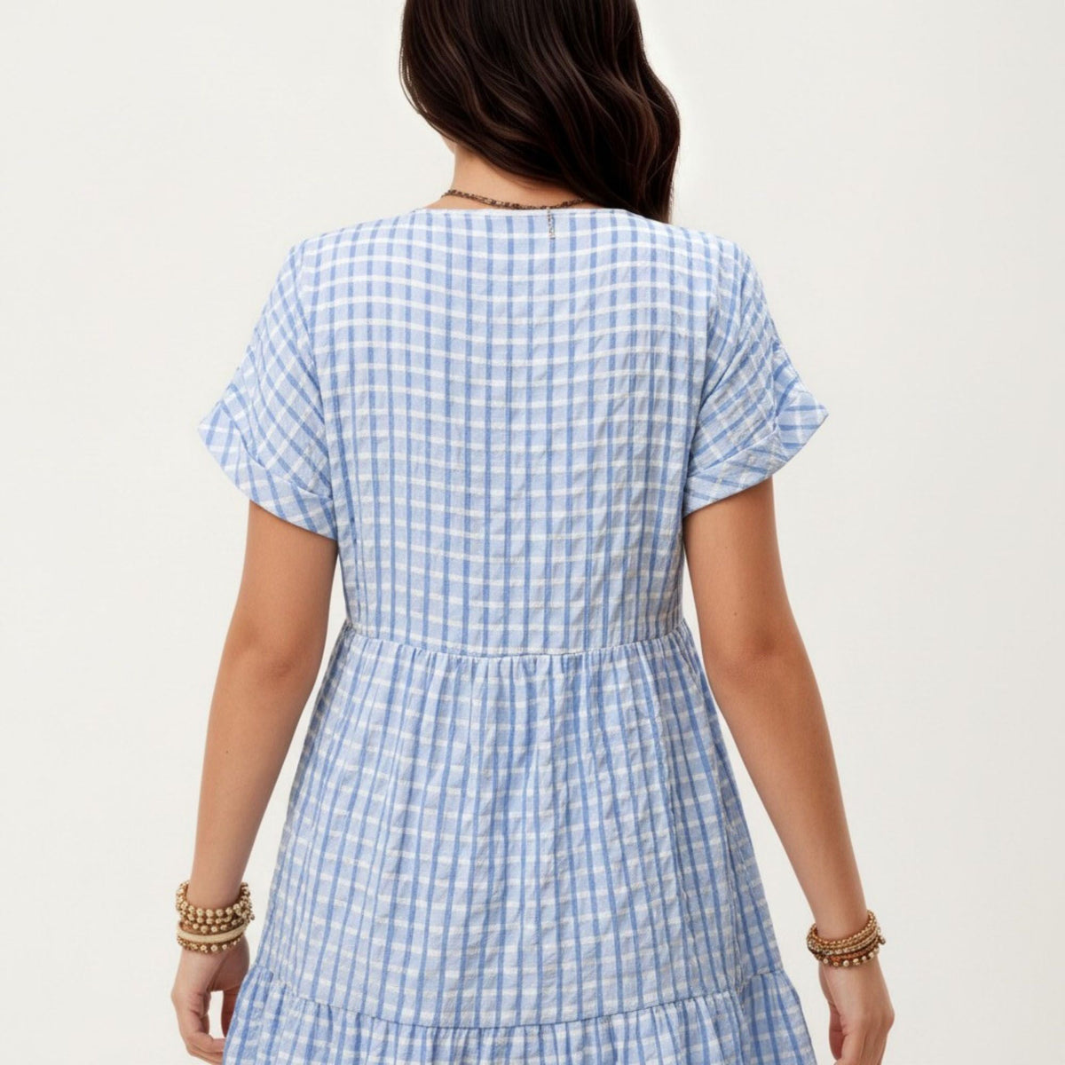 Anna-Kaci Women's Short Sleeve V Neck Plaid Mini Dress with Tiered Hem Loose Fit Casual Lightweight Summer Dress