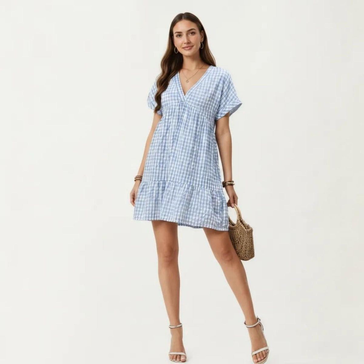Anna-Kaci Women's Short Sleeve V Neck Plaid Mini Dress with Tiered Hem Loose Fit Casual Lightweight Summer Dress