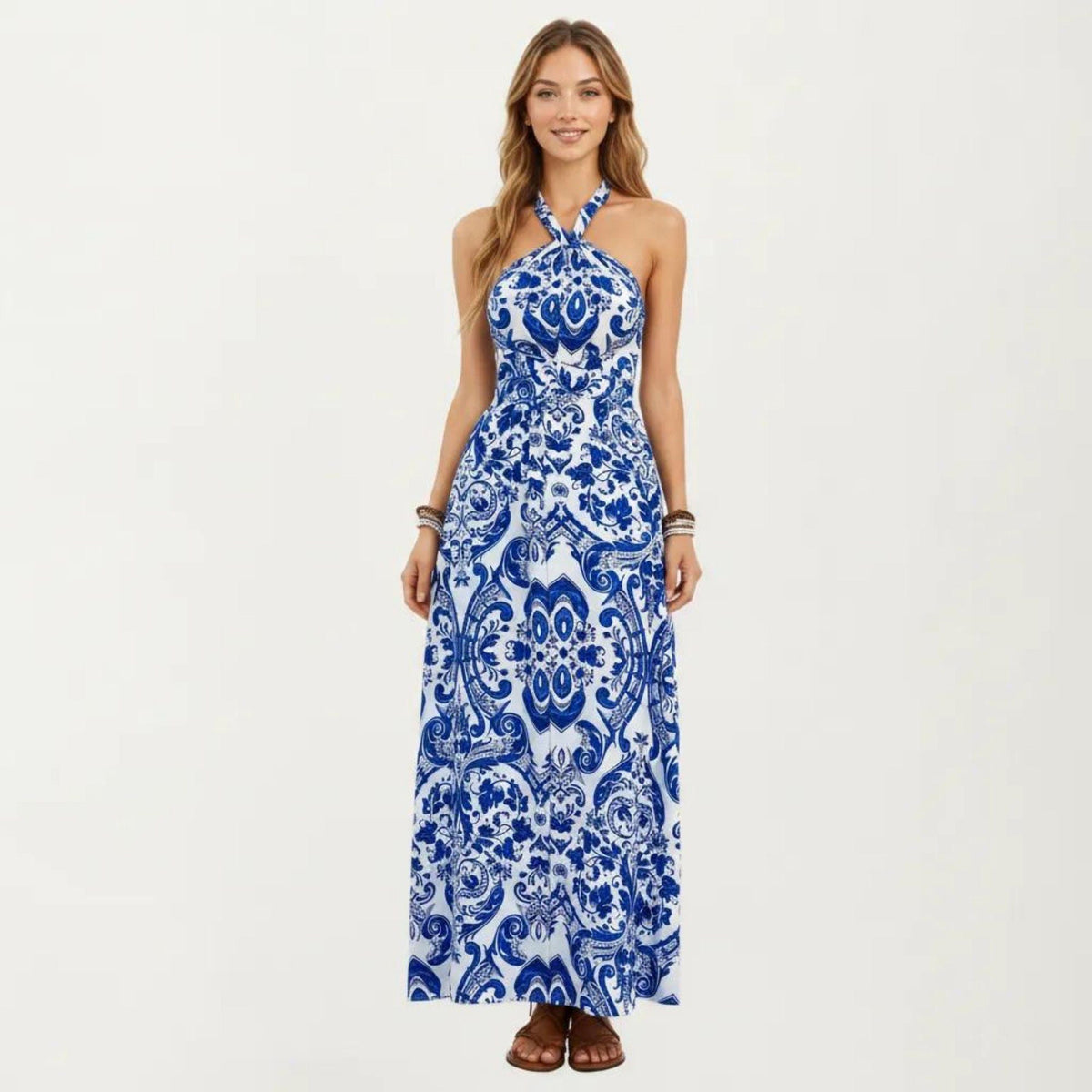 Anna-Kaci Women's Mediterranean Tile Print Halter Maxi Dress with Criss-Cross Back