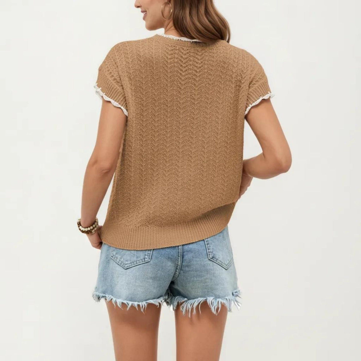 Anna-Kaci Women's Short Sleeve Knit Cardigan Top with V-Neck Tie Front and Contrast Trim
