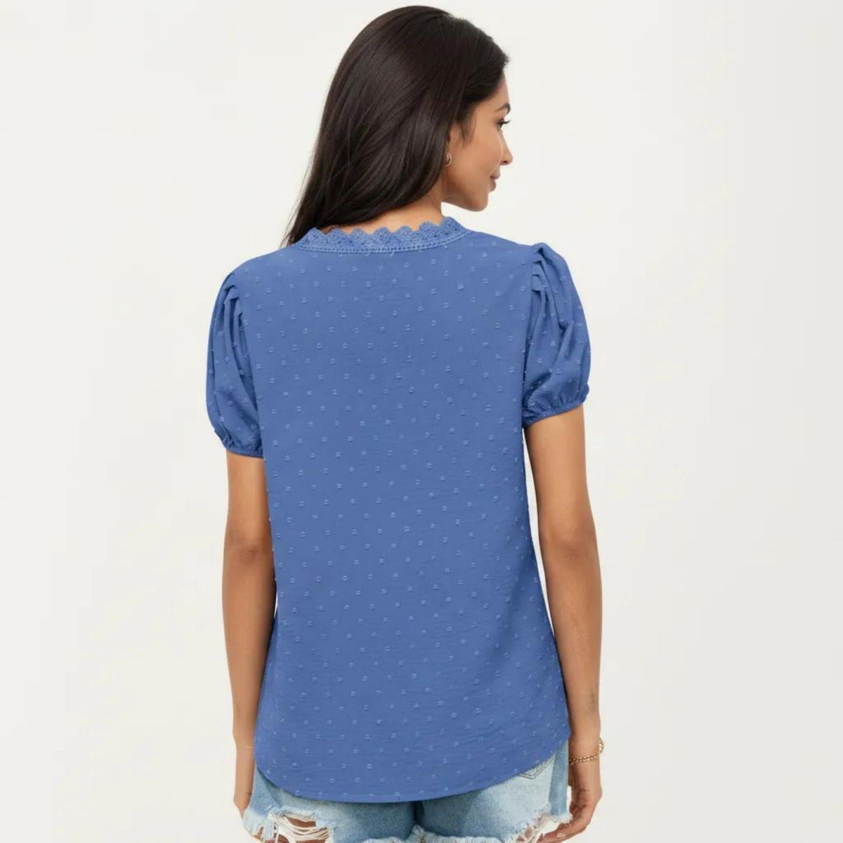 Anna-Kaci Women's Short Sleeve Swiss Dot Top with Lace Trim V-Neck and Puff Sleeves