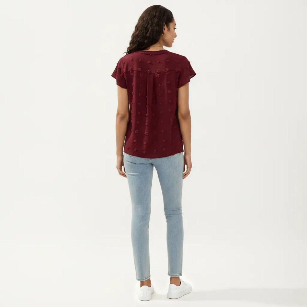 Anna-Kaci Women's Short Sleeve Swiss Dot Top with Split Neckline and Soft Textured Fabric