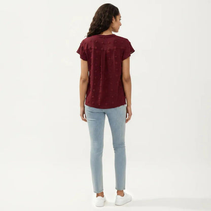 Anna-Kaci Women's Short Sleeve Swiss Dot Top with Split Neckline and Soft Textured Fabric
