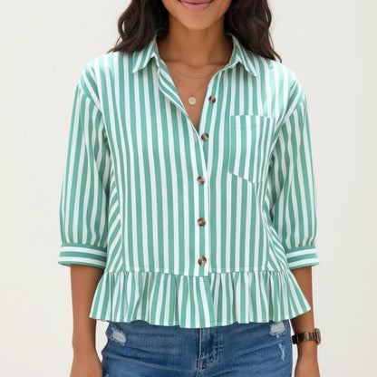 Anna-Kaci Women's Striped Button Down Blouse with Collar Three Quarter Sleeve Peplum Hem Pocket Detail Casual Shirt
