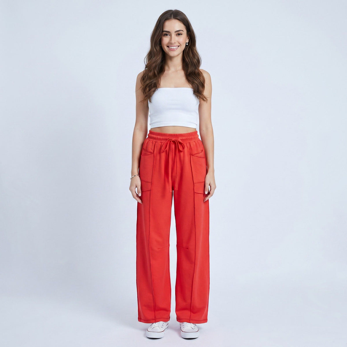 Anna-Kaci Women's High Rise Drawstring Wide Leg Utility Pants with Patch Pockets