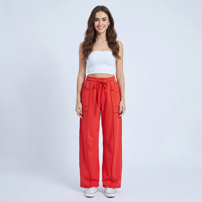 Anna-Kaci Women's High Rise Drawstring Wide Leg Utility Pants with Patch Pockets