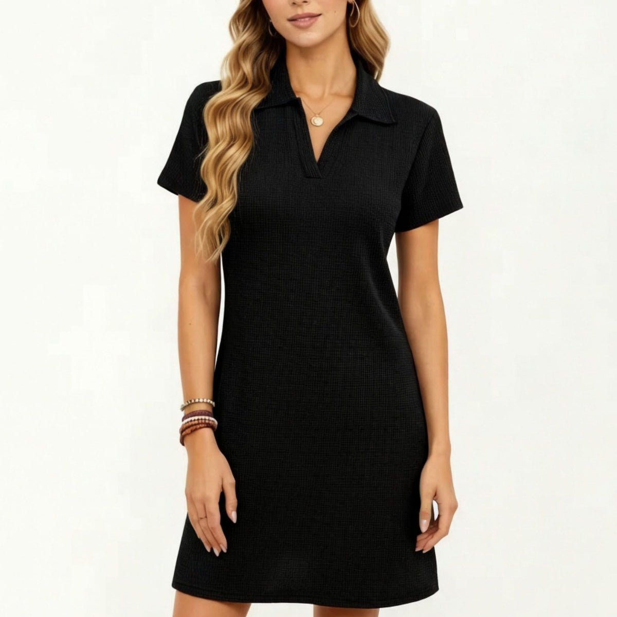 Anna-Kaci Women's Short Sleeve Collared Mini Dress with Split V Neck Textured Knit Relaxed Fit Casual Dress
